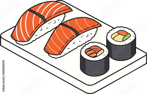 Assortment of Sushi and Citrus Fruit on Dark Square Plates, vector illustration