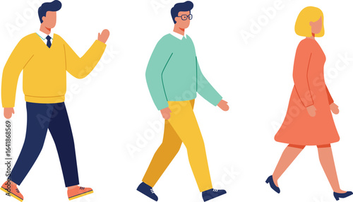 Walking character illustration, diverse people clipart, casual outfit design, modern cartoon figures, flat style walking pose, colorful human vector