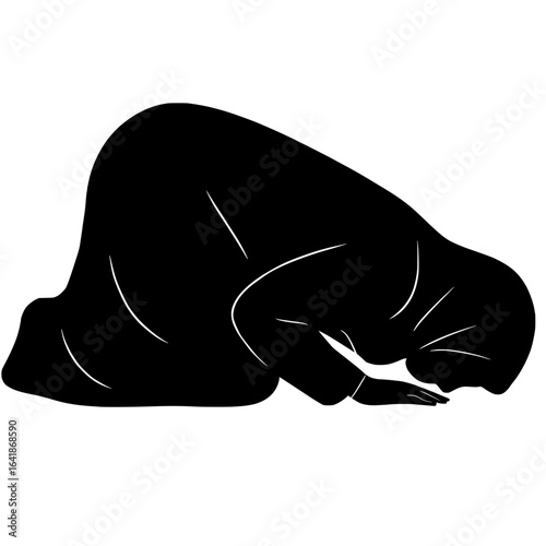 A black silhouette vector illustration depicting a Muslim woman performing Sujud (prostration) during prayer, a key act of worship in Islam symbolizing humility and devotion to Allah.