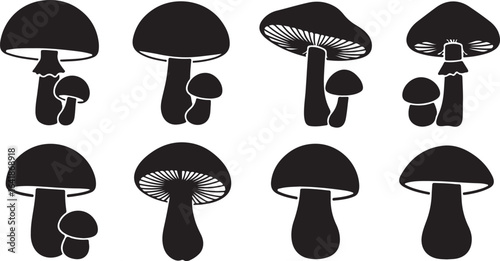 Collection of Black Silhouette Mushroom Illustrations on White Background mushrooms