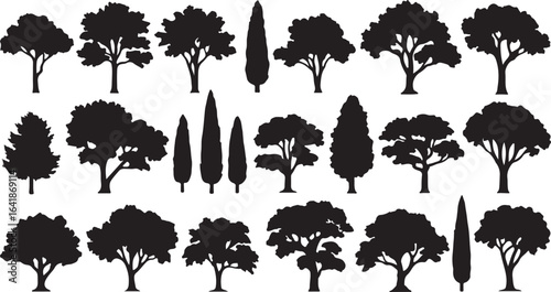 Collection of diverse tree silhouettes including deciduous and cypress varieties on a white background