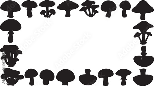 Rectangular frame of black silhouette mushroom illustrations on a white background