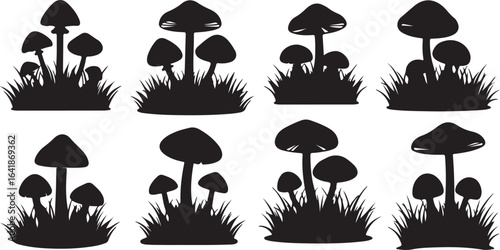 Eight black silhouette illustrations of mushrooms in grass on white background fungi