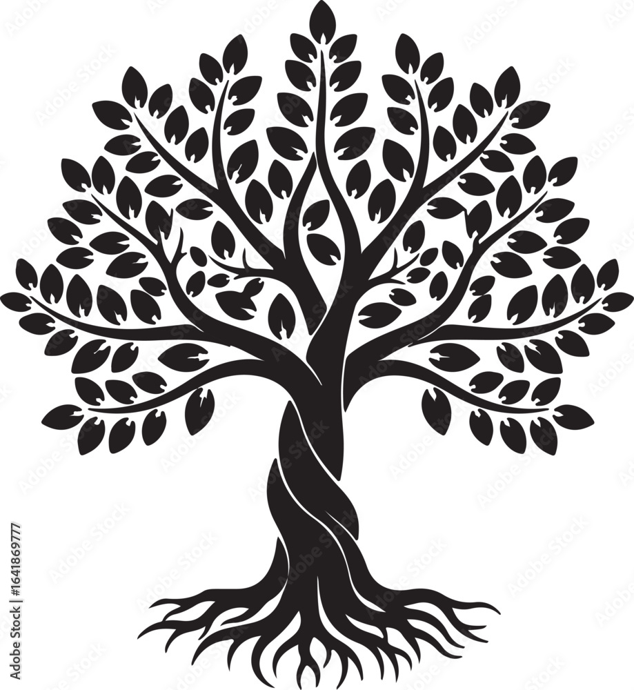 Fototapeta premium Black silhouette of a stylized tree of life with twisted trunk and roots white