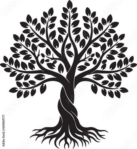 Black silhouette of a stylized tree of life with twisted trunk and roots white