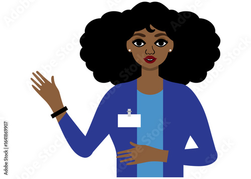 woman with name tag in cardigan holding her hand up