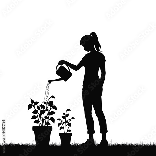 Silhouette of a woman watering potted plants garden