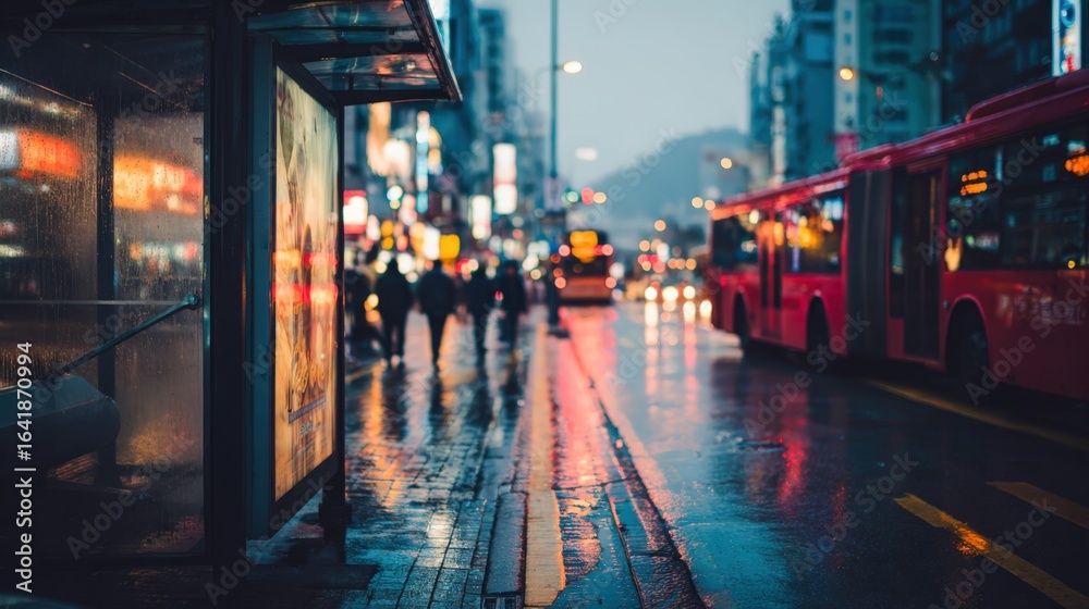Fototapeta premium Vibrant Cityscape at Night: Capturing Urban Life on a Wet Evening with Buses and Pedestrians