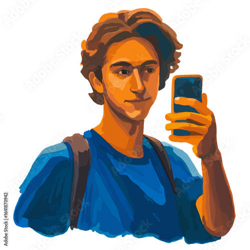 Young man taking selfie with smartphone, wearing blue t-shirt  