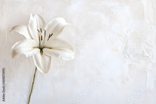 Minimalist floral arrangement featuring a single white lily on a textured beige backdrop, providing copy space for text or design elements