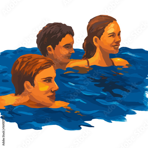 Three young people swimming together in vibrant blue water  
