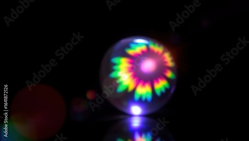 Blurred rainbow refraction overlay effect. Light lens prism effect on black background. Holographic reflection, crystal flare leak shadow overlay. Colorful rainbow disco ball light
