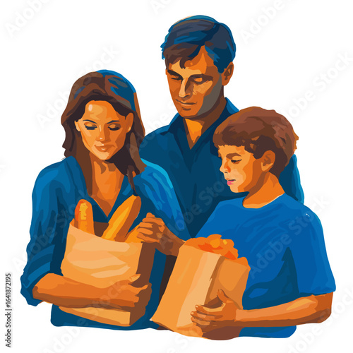 Family unpacking groceries together at home in casual clothing  