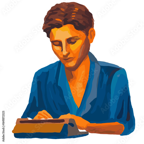Young man writing on typewriter in artistic illustration style  