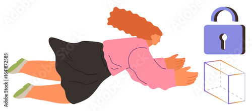 Woman in mid-air with outstretched arms, padlock design, and transparent cube concept. Ideal for security, innovation, privacy, exploration, technology, abstraction simple flat metaphor