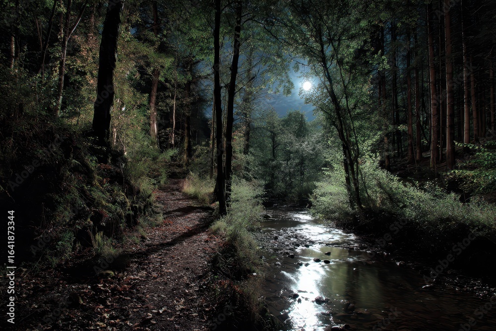 Naklejka premium Moonlit forest path with a shimmering creek in a tranquil nighttime setting filled with tall trees and lush greenery