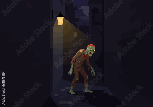 Cartoon Zombie Walking Down Dark Alleyway at Night