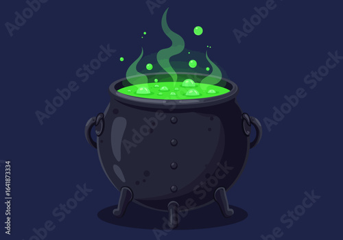 Cartoon Witch's Cauldron with Bubbling Green Potion and Steam