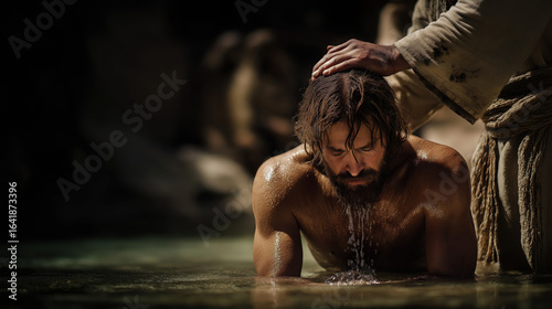 Jesus heals the man born blind as he washes mud from his eyes in the Pool of Siloam—sunlight dances on rippling water as sight returns, and Jesus watches silently behind...