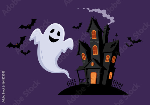 Cartoon Ghost with Smiling Face Floating Near Haunted House