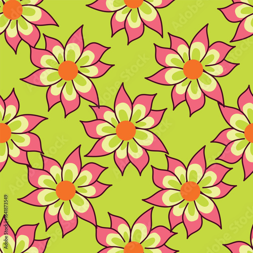 Modern and bold vector seamless pattern with large scale pink flowers on dark blue background. Hand-drawn in doodle style. Textile, background, packaging.
