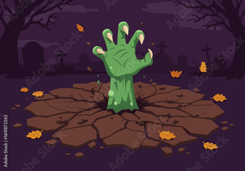 Cartoon Zombie Hand Emerging from Ground in Graveyard Scene