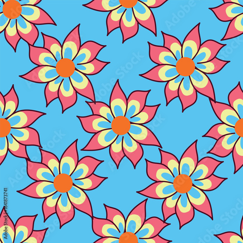 Modern and bold vector seamless pattern with large scale pink flowers on dark blue background. Hand-drawn in doodle style. Textile, background, packaging.
