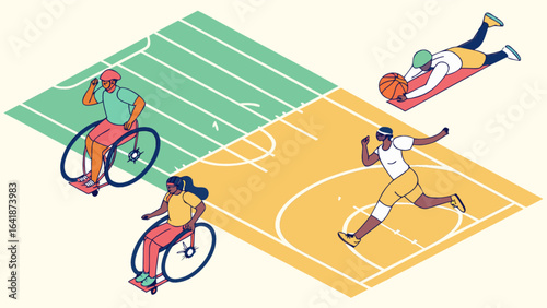 Adaptive sports and inclusive fitness featuring wheelchair basketball and floor exercises for all abilities
