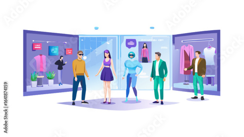 Virtual reality shopping experience with avatars and fashion retail technology concept design vector illustration