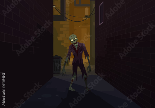 Cartoon Zombie in Dark Alleyway with Glowing Eyes