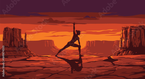 Serene woman practicing a yoga pose in a vast desert landscape at sunset, a retro pixel art vector illustration of wellness and tranquility.