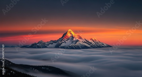 Majestic mountain peak bathed in the warm glow of sunrise over clouds