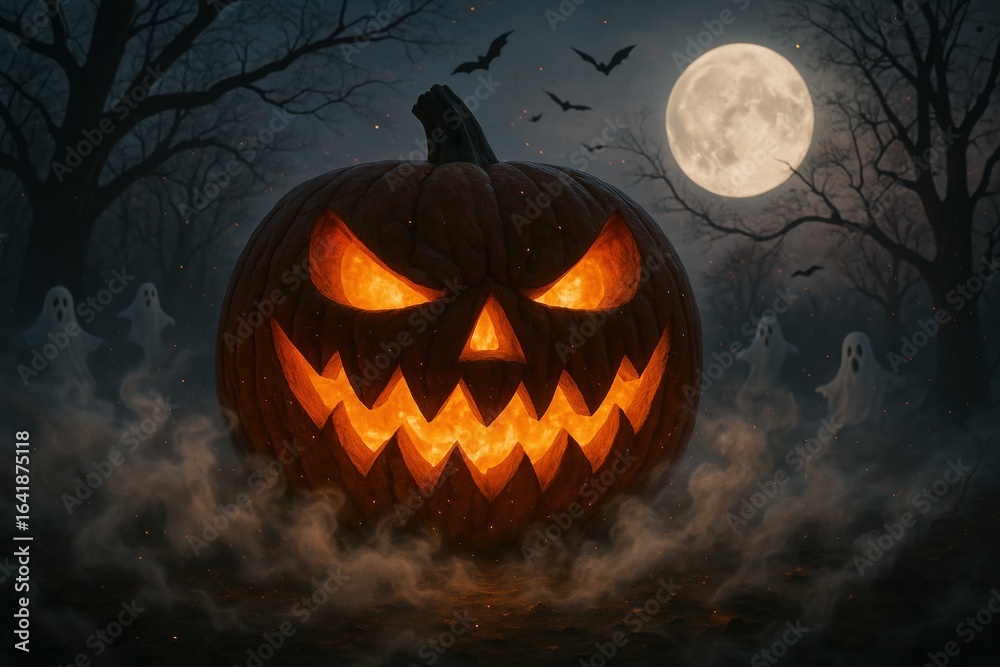 Fototapeta premium spooky halloween night with glowing jack-o'-lantern in foggy forest under full moonlit sky