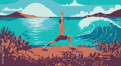 Man practicing warrior yoga pose on a cliff overlooking a scenic ocean with large waves and tropical islands.