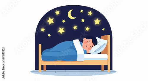 Young boy sleeping soundly in his bed under a starry night sky with a moon. Peaceful bedtime cartoon for good sleep and sweet dreams.