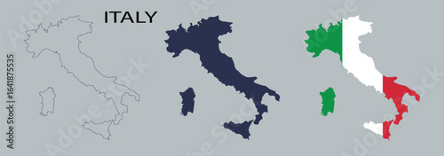 Italy map vector set featuring outline, solid silhouette, and national flag design in green, white, and red, perfect for geography, travel, culture, and educational projects.
