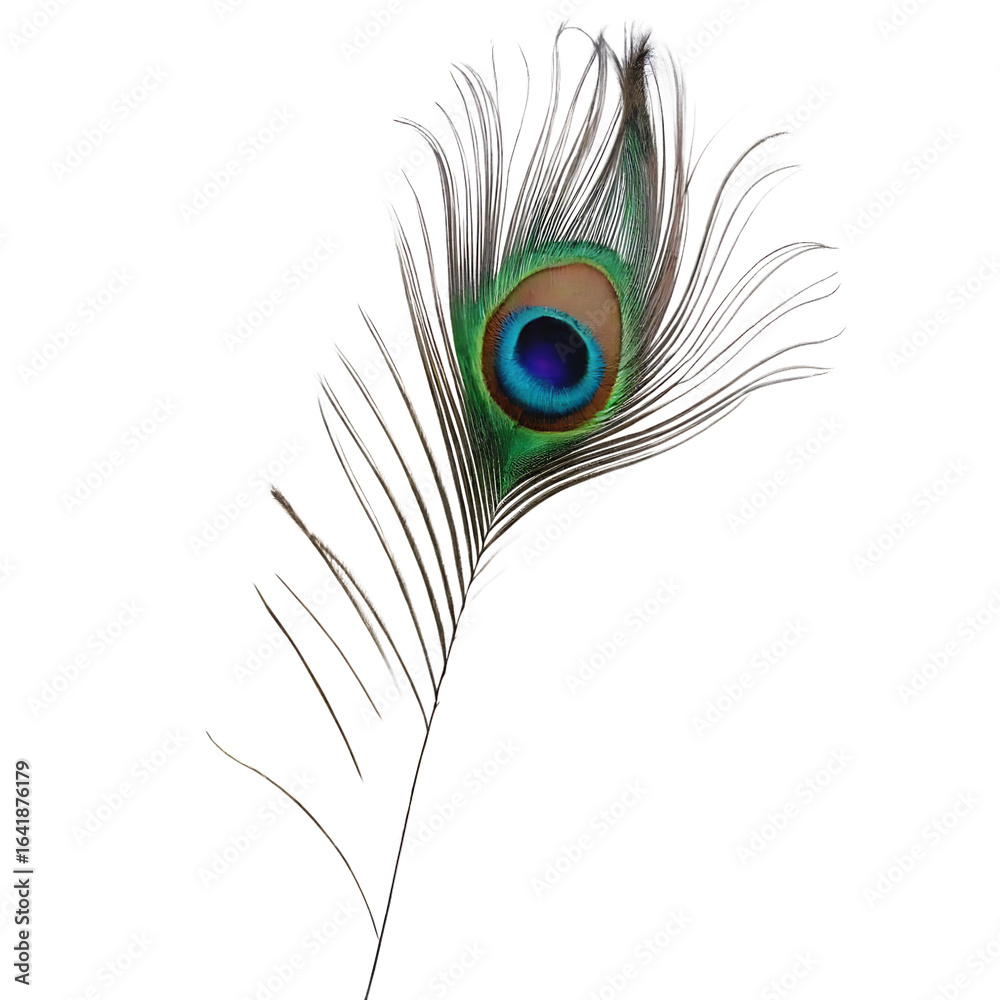 Fototapeta premium Elegant peacock feather with eye detail isolated on a transparent background iridescent