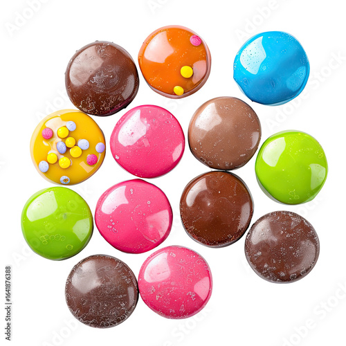 Colorful candies arranged hexagonally on white