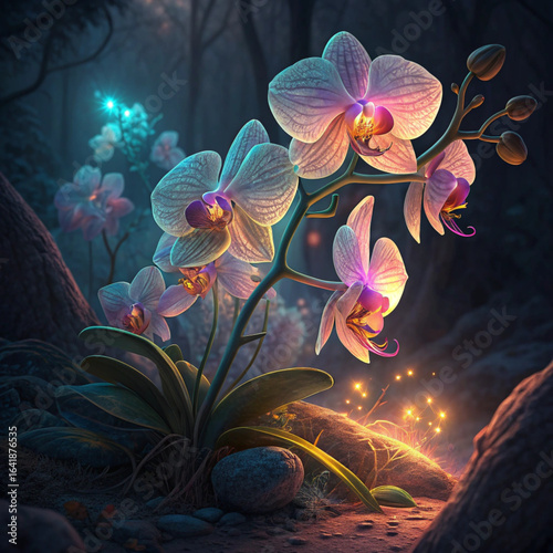 A cluster of delicate glowing orchid flowers in vibrant red green and blue hues