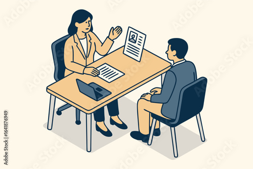 HR manager interviewing male candidate at office desk illustration