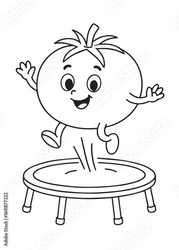 Coloring book page of a tomato jumping on a trampoline happily.
