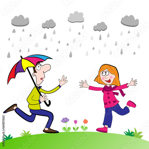 Hombre corriendo con paraguas y chica feliz.