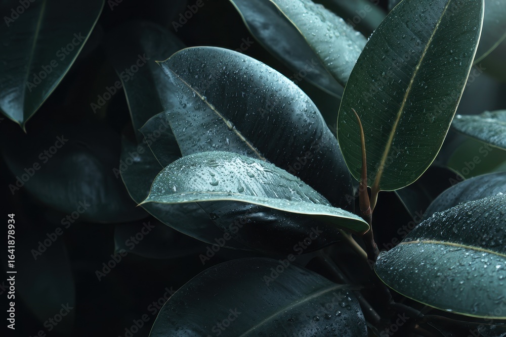 Obraz premium Close-up view of dark green leaves with water droplets in a lush environment during a rainy afternoon