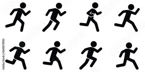 Minimal stickman running poses in black silhouette, depicting jogging, sprinting, and athletic movement