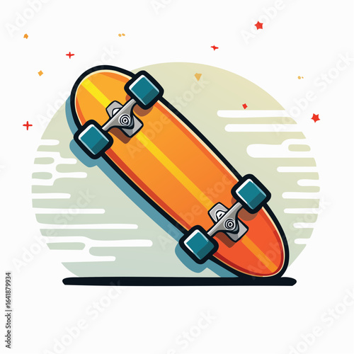 A vibrant illustration of a skateboard, showcasing its orange deck and blue wheels, resting.