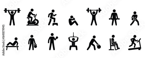 Stickman workout and fitness exercise poses in black silhouette, representing weightlifting, stretching, yoga, and sports training activities