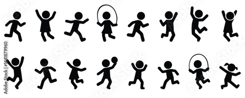 Stickman kids playing and having fun in various playful activities, joyful childhood silhouette icons in black