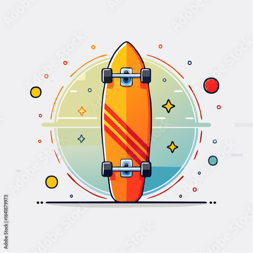 Stylized illustration of a longboard skateboard with a colorful, geometric design.