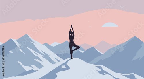 Silhouette of a person in a yoga tree pose on a mountain peak. Vector concept of mindfulness, wellness, and harmony with nature.