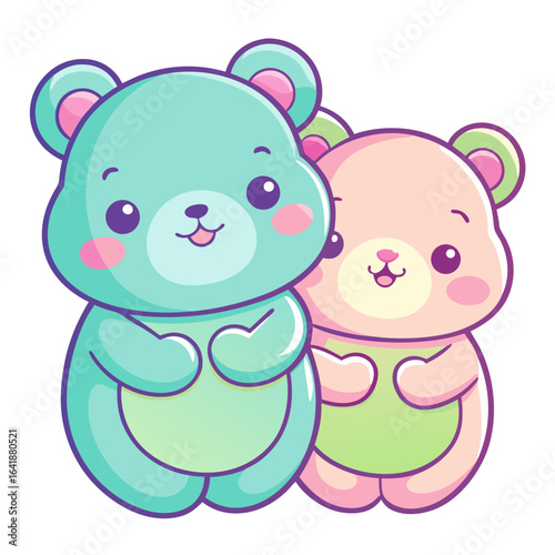 Cute Kawaii Teddy Bears Hugging in Pastel Colors Vector Illustration Isolated on White
